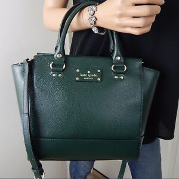 Kate Spade New York Camryn Wellesley Satchel Crossbody Green Leather Bag. - Picture 2 of 16
